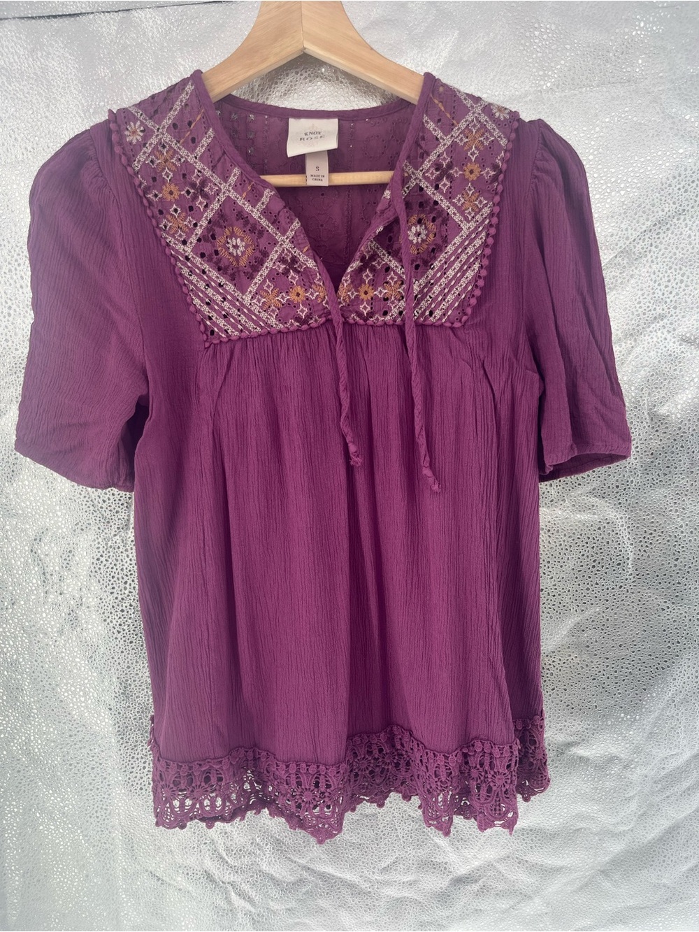 Purple Boho Embroidered V-Neck Tunic Blouse with Crochet Hem Boho Size S